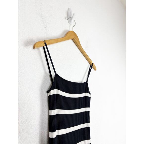 Zara Navy Striped Square-Neck Maxi Dress Medium Ribbed Knit Stretch Minimalist - Picture 7 of 13